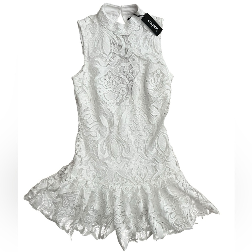 Boohoo White Lace High Neck Drop Waist Mini Dress Size US 8